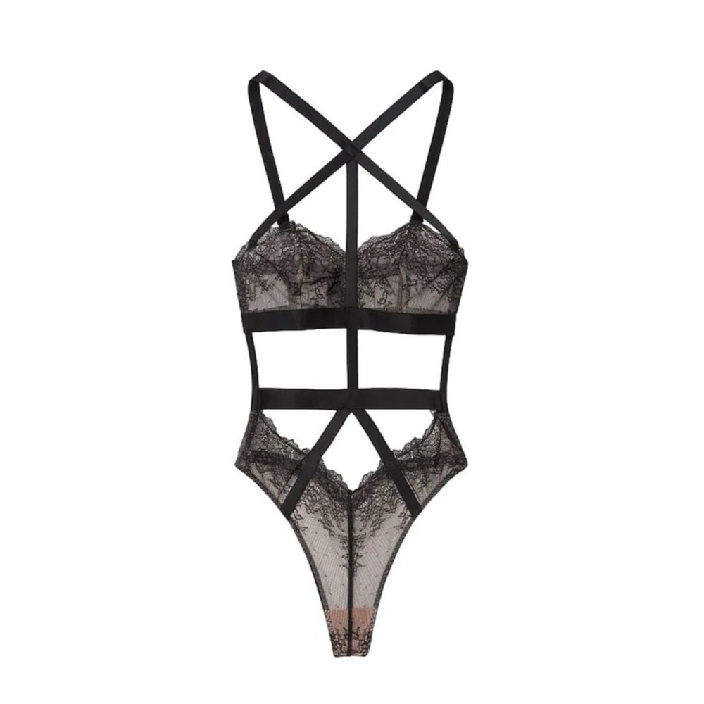 Victoria's Secret Black Cut Out Lace Strappy Cage Teddy Bodysuit Lingerie Small